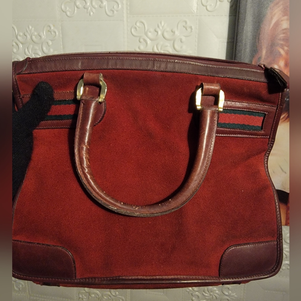 Gucci Burgundy Suede Leather Vintage Sherry Web Satchel Handbag Authentic - Picture 6 of 16